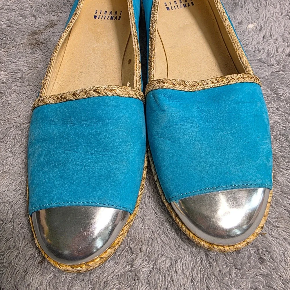 Stuart Weitzman Suede Espadrille Flats Turquoise Blue Silver Cap Toe Women 7.5 M